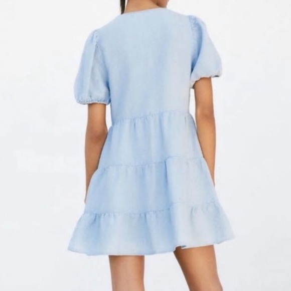 Zara Light Blue Puff Sleeve Dress - Picture 2 of 5